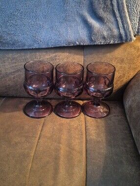 Set of 3 Vintage Amethyst King Crown Thumbprint  Goblets/Glasses